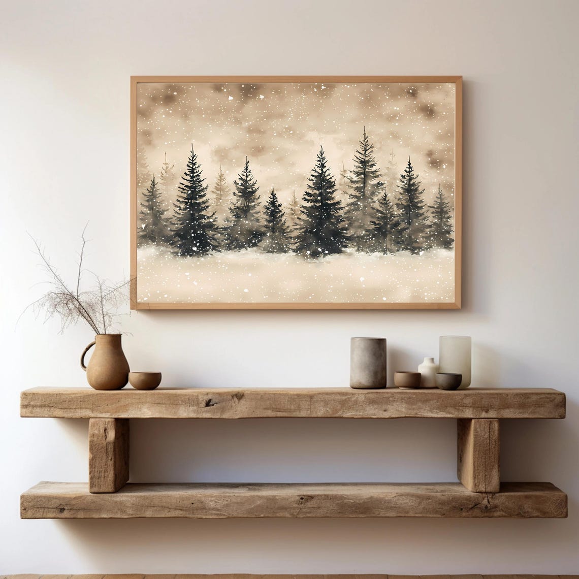Snowy Pine Forest Soft Beige Watercolor Landscape Art Poster