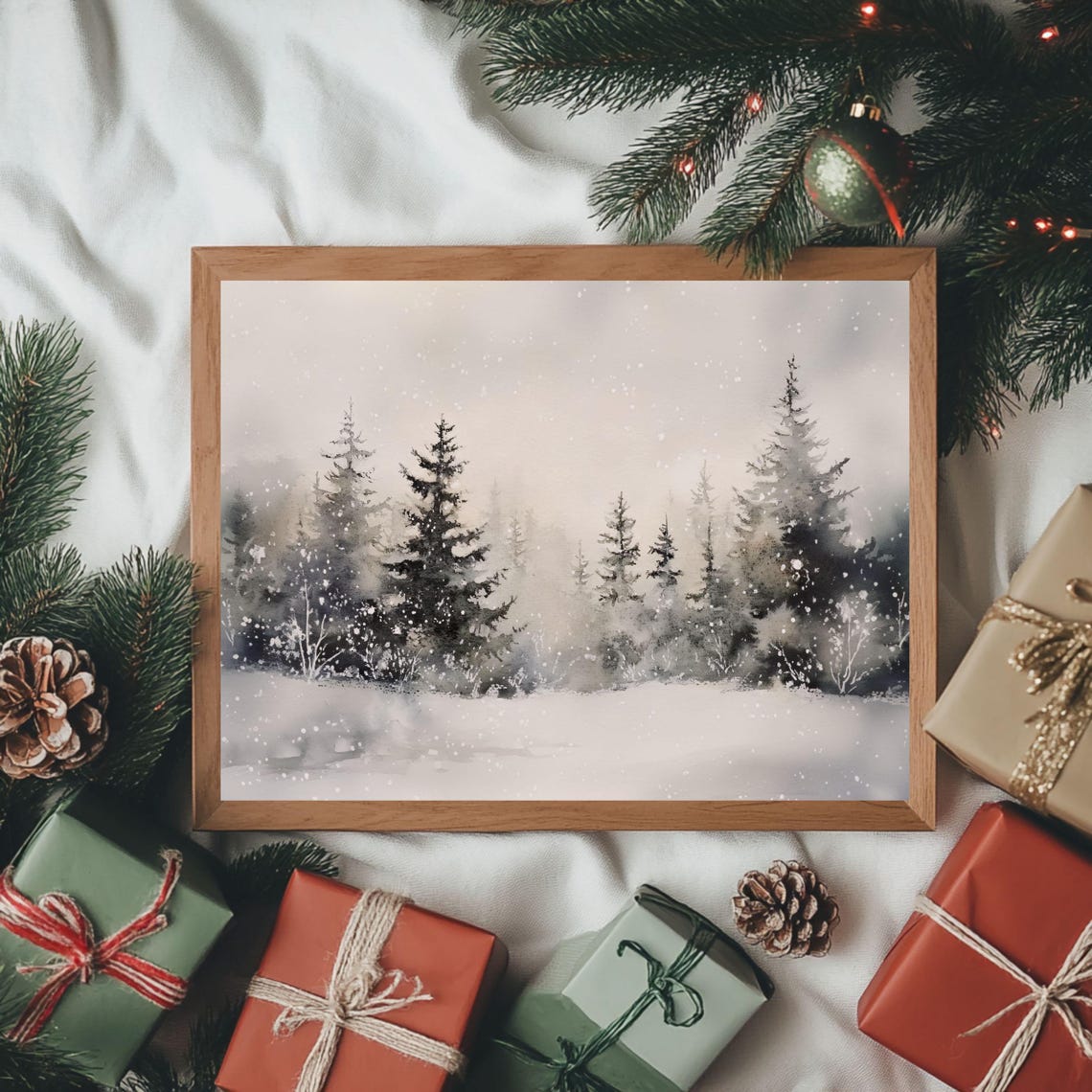 Snowy Pine Forest Watercolor Winter Landscape With Falling Snow Poster