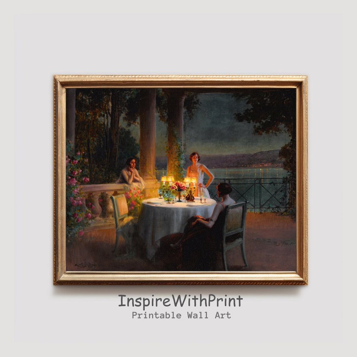 Evening Terrace Dinner Painting Vintage Women Gathering Art Print