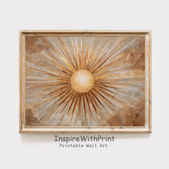 Boho Sun Print Horizontal Art Abstract Sunrise Midcentury Modern Gold Color Poster Moody Wall