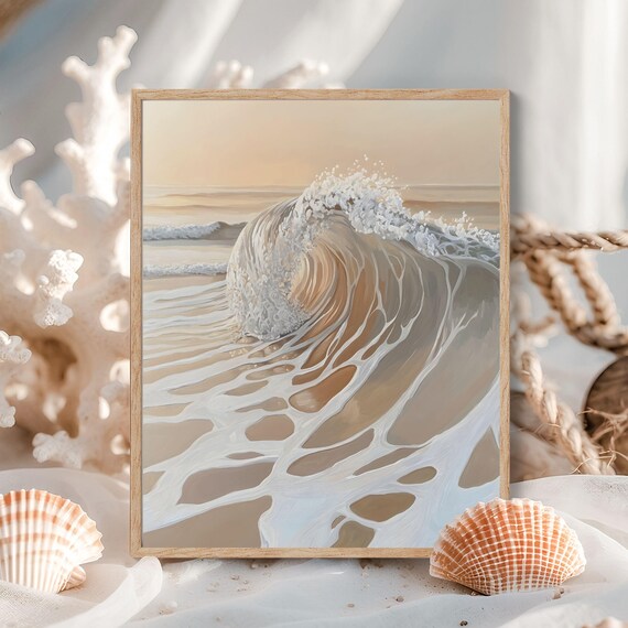 Neutral Beige Curling Ocean Barrel Wave Coastal Seascape Poster