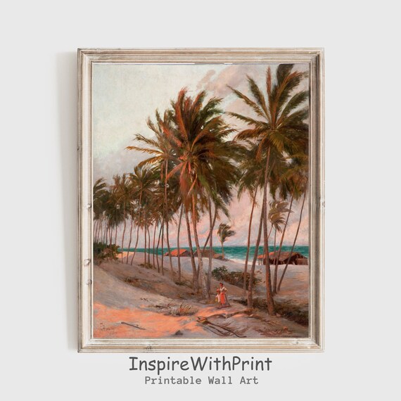 Vintage Palm Trees Beach Painting 1917 Serene Tropical Coastal Print