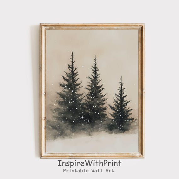 Winter Pine Forest Watercolor Painting Rustic Christmas Wall Art Moody Decor Snowy Trees Landscape Tree Print