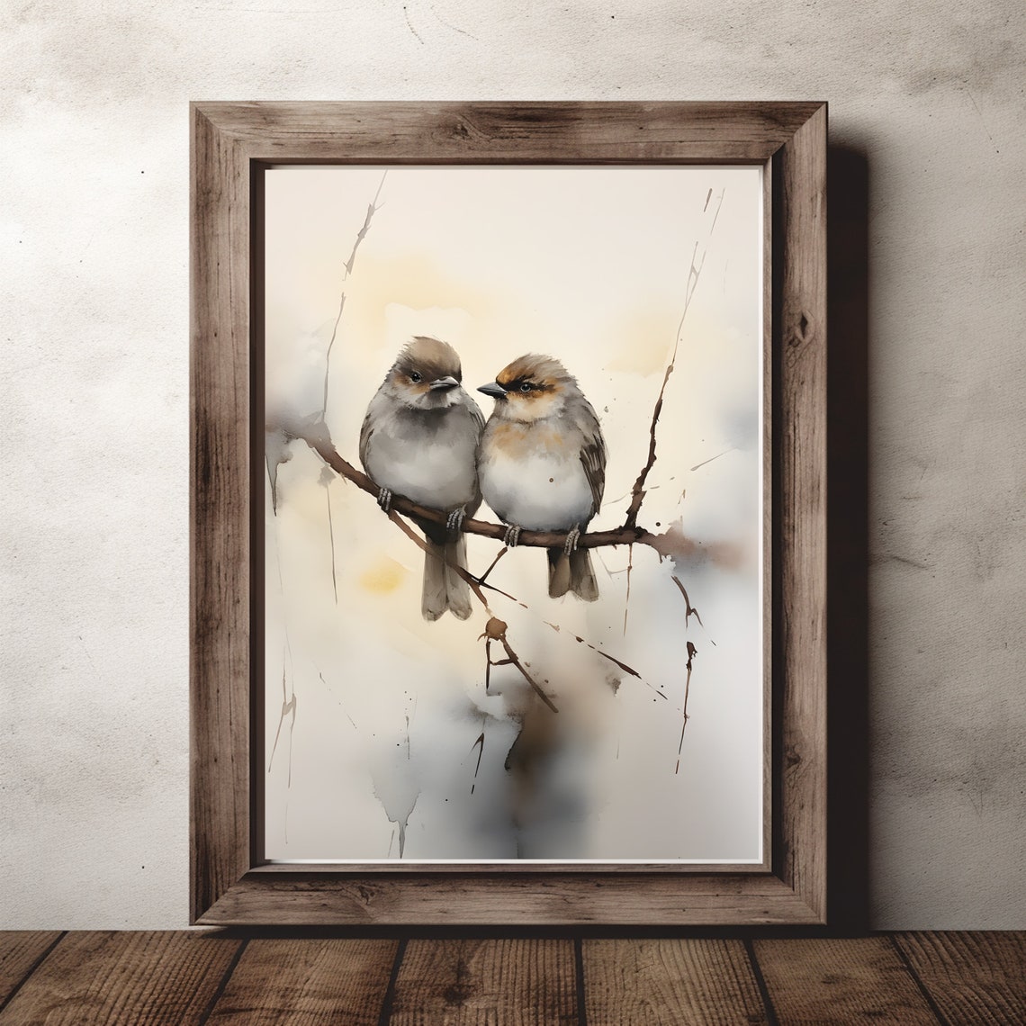 Two Sparrows On A Branch Soft Watercolor Rustic Bird Art Poster