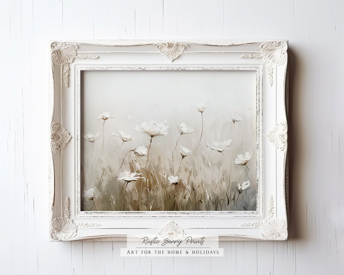 White Cosmos Flowers Tall Stems Beige Neutral Botanical Spring Poster - Image 2
