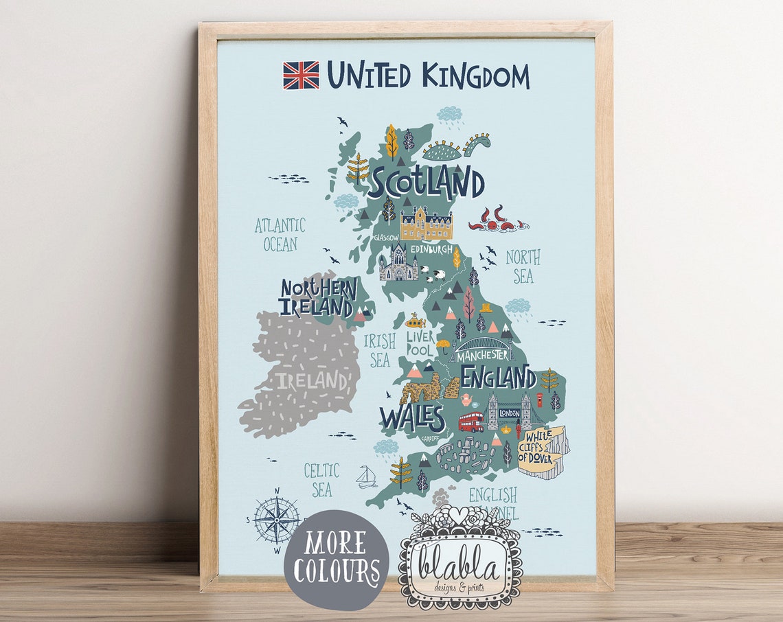 United Kingdom Illustrated Landmarks Map Kids Blue Educational Print