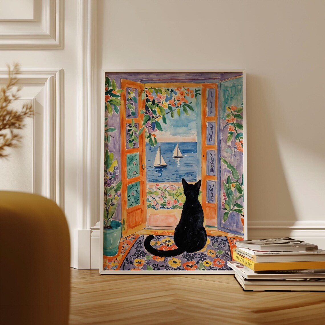 Henri Matisse Style Black Cat Watching Sailboats Open Door Sea Poster - Image 2