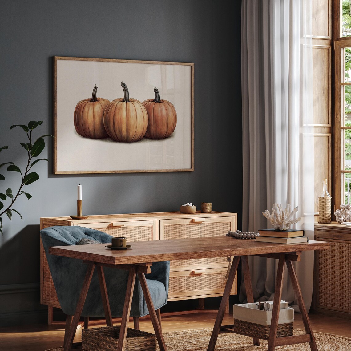 Three Pumpkins Oil Painting Still Life Orange Autumn Farmhouse Poster - Image 5
