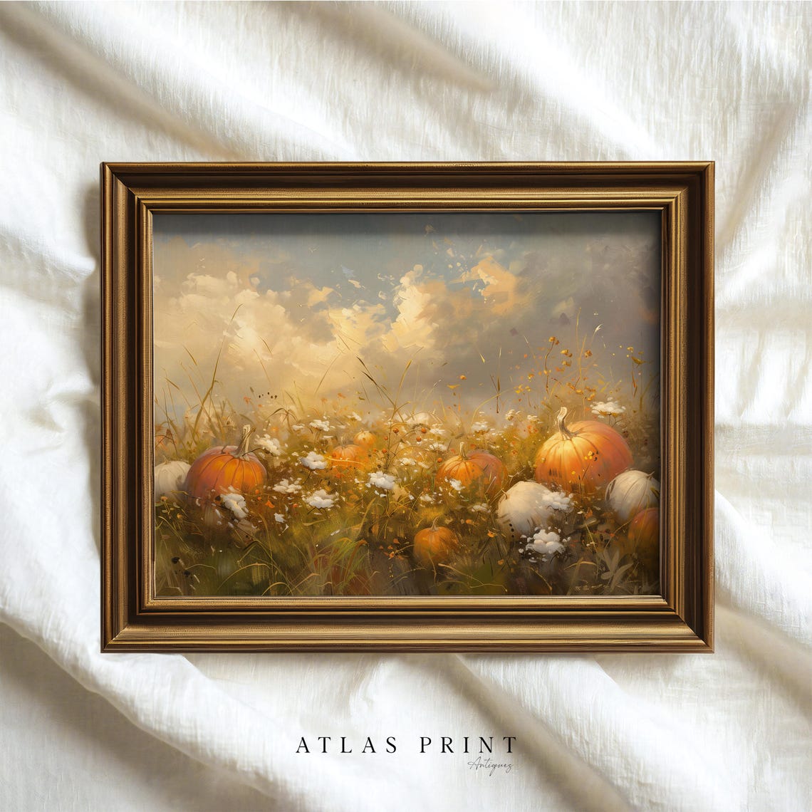 Pumpkins In Wildflower Meadow Sunset Fall Harvest Painting Poster - Image 3
