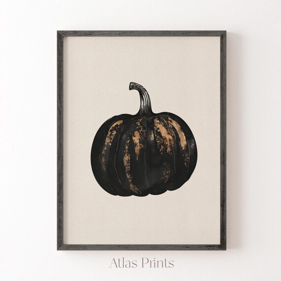 Distressed Black Pumpkin Gold Accents Minimal Autumn Fall Wall Art