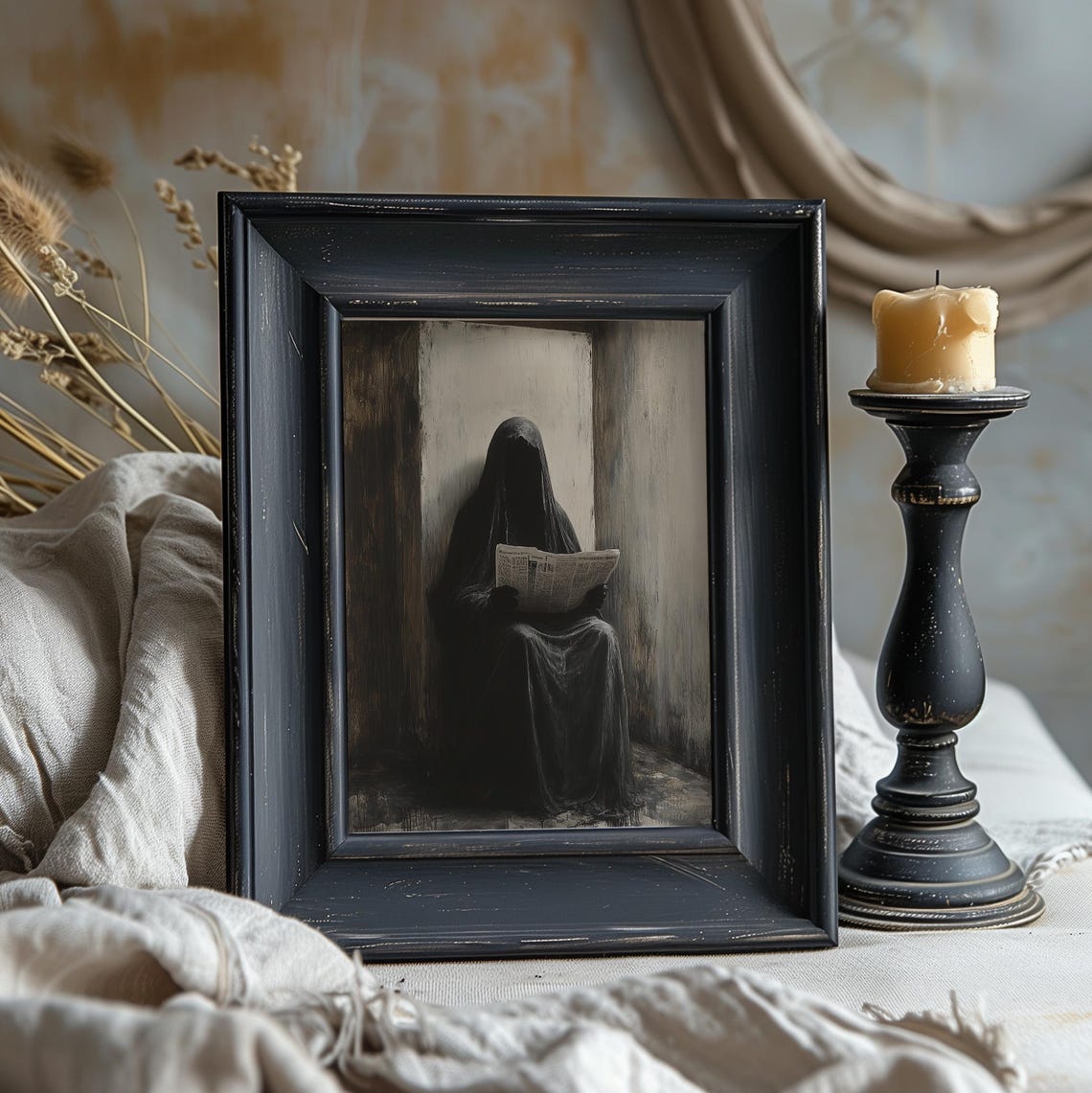 Dark Hooded Ghost Reading A Newspaper Gothic Mystery Art Poster - Image 5