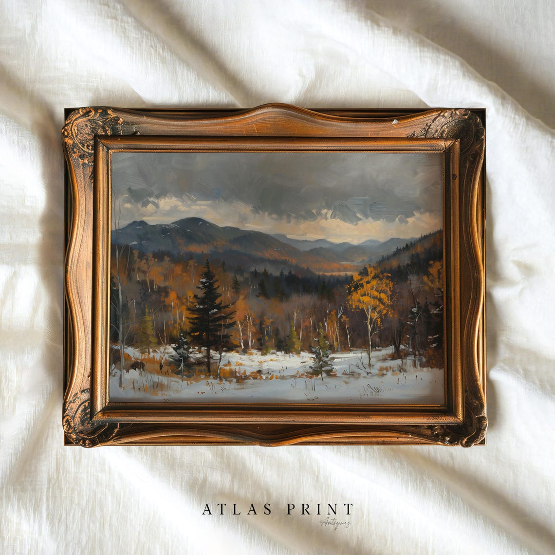 Antique Autumn Mountain Valley Snowfall Landscape Painting Wall Art - Image 5