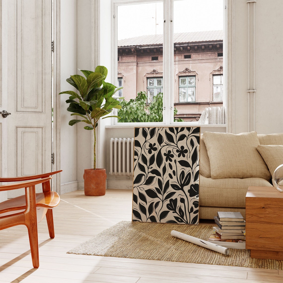 Black Botanical Vine Pattern Beige Scandinavian Neutral Wall Art - Image 2