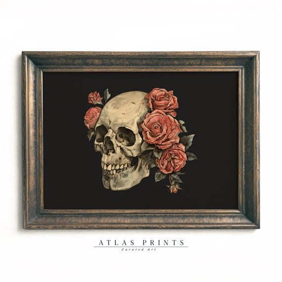 Vintage Halloween Floral Skull Print Moody Botanical Painting Victorian Memento Mori Wall Art Dark Academia Gothic Decor