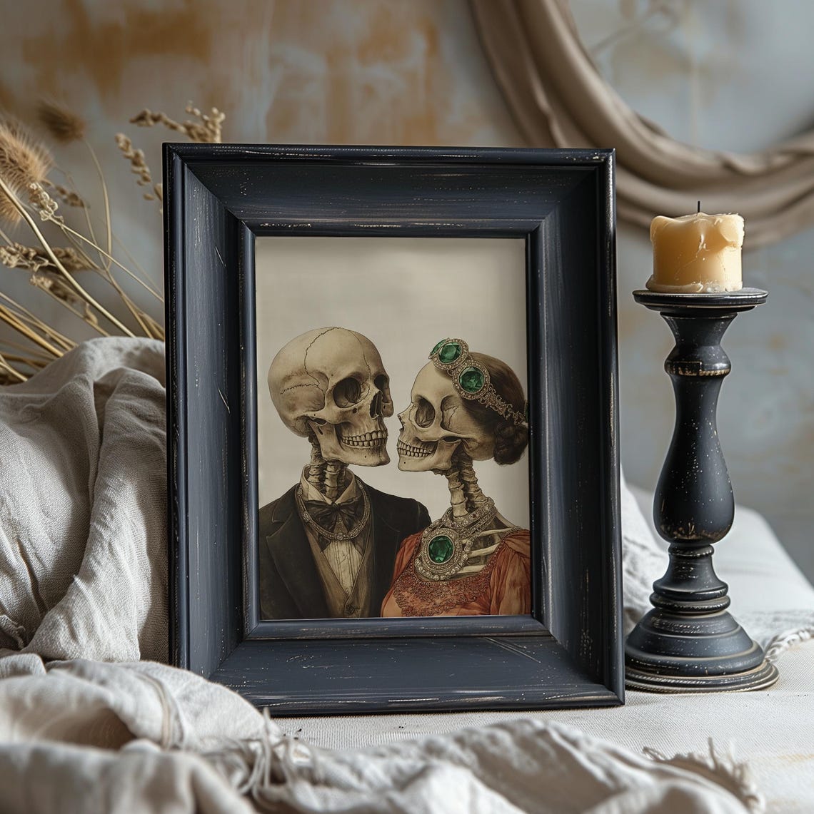 Vintage Skeleton Couple Portrait Emerald Jewels Gothic Love Poster - Image 4