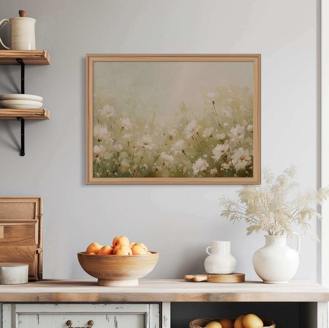 White Wildflower Field Soft Beige Spring Meadow Vintage Oil Poster - Image 5