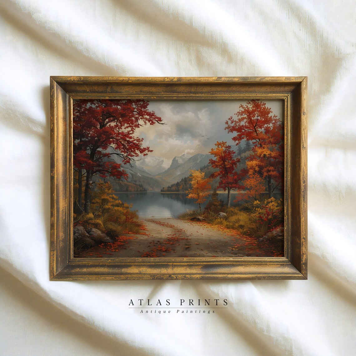 Vintage Autumn Lake Landscape Red Fall Trees Antique Oil Painting Poster - Image 2