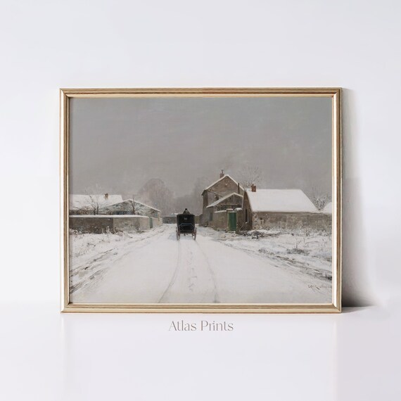 Vintage Snowy Village Street Winter Painting Horse Cart Grey Poster