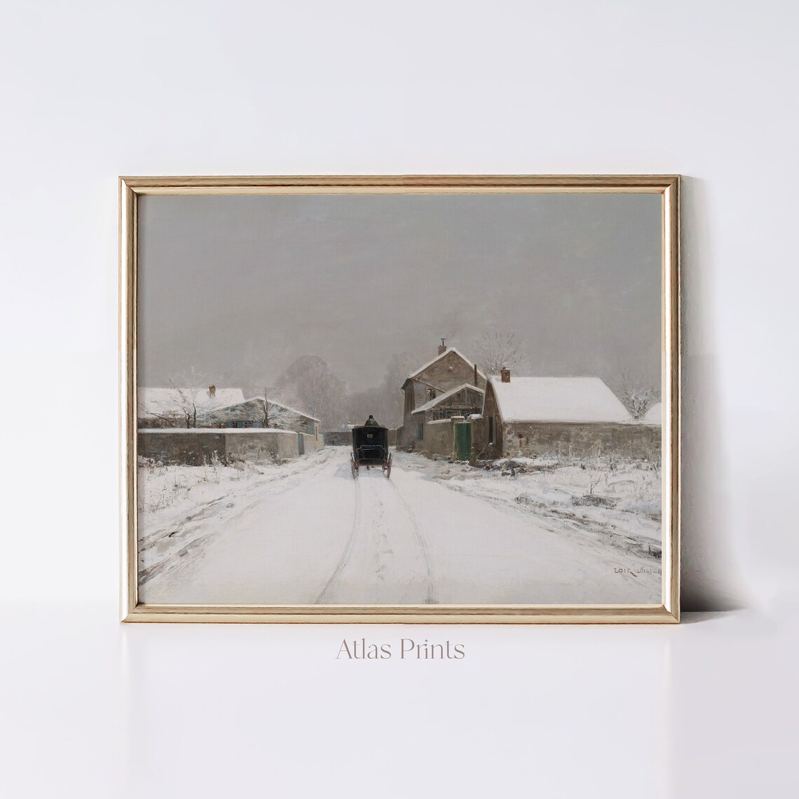 Vintage Snowy Village Street Winter Painting Horse Cart Grey Poster