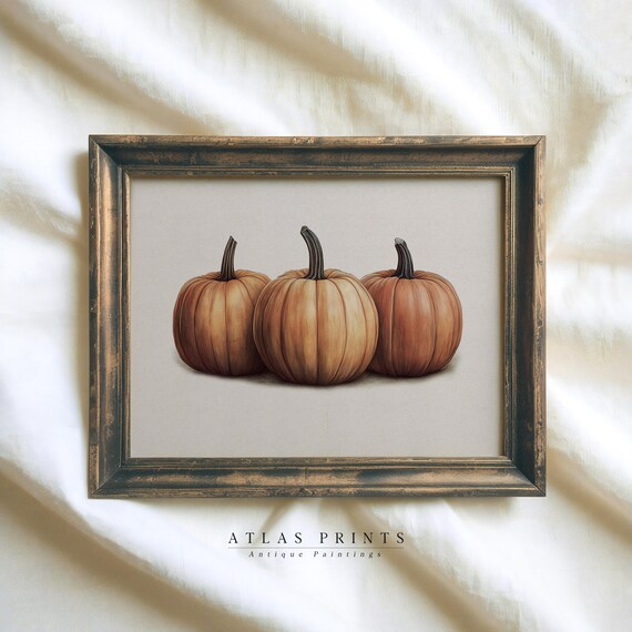 Three Pumpkins Oil Painting Still Life Orange Autumn Farmhouse Poster