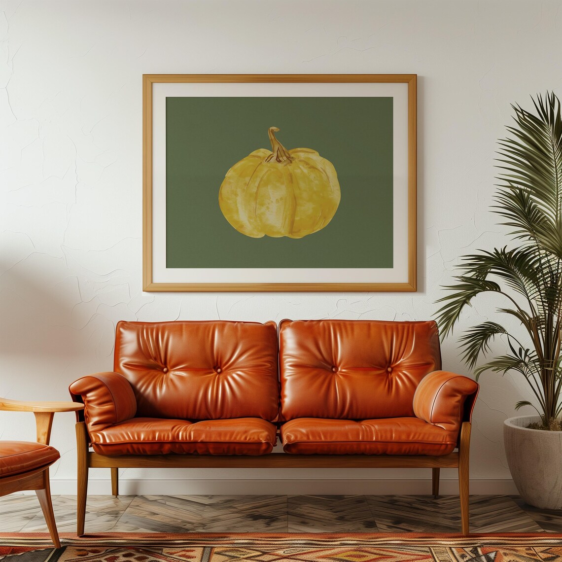 Yellow Pumpkin Watercolor On Sage Green Fall Harvest Art Poster - Image 2