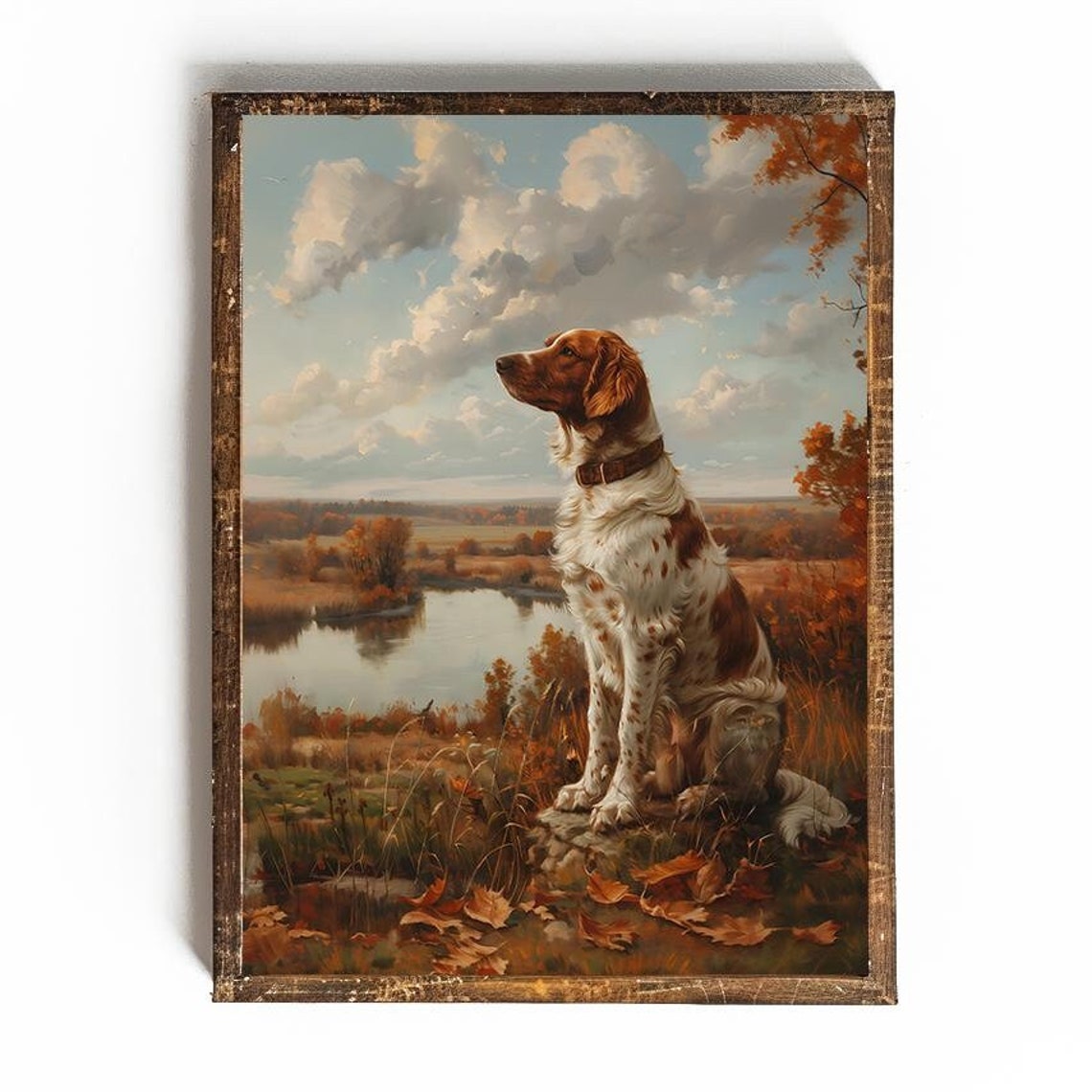 Brittany Spaniel Sitting in an Autumn Field by a Lake Poster