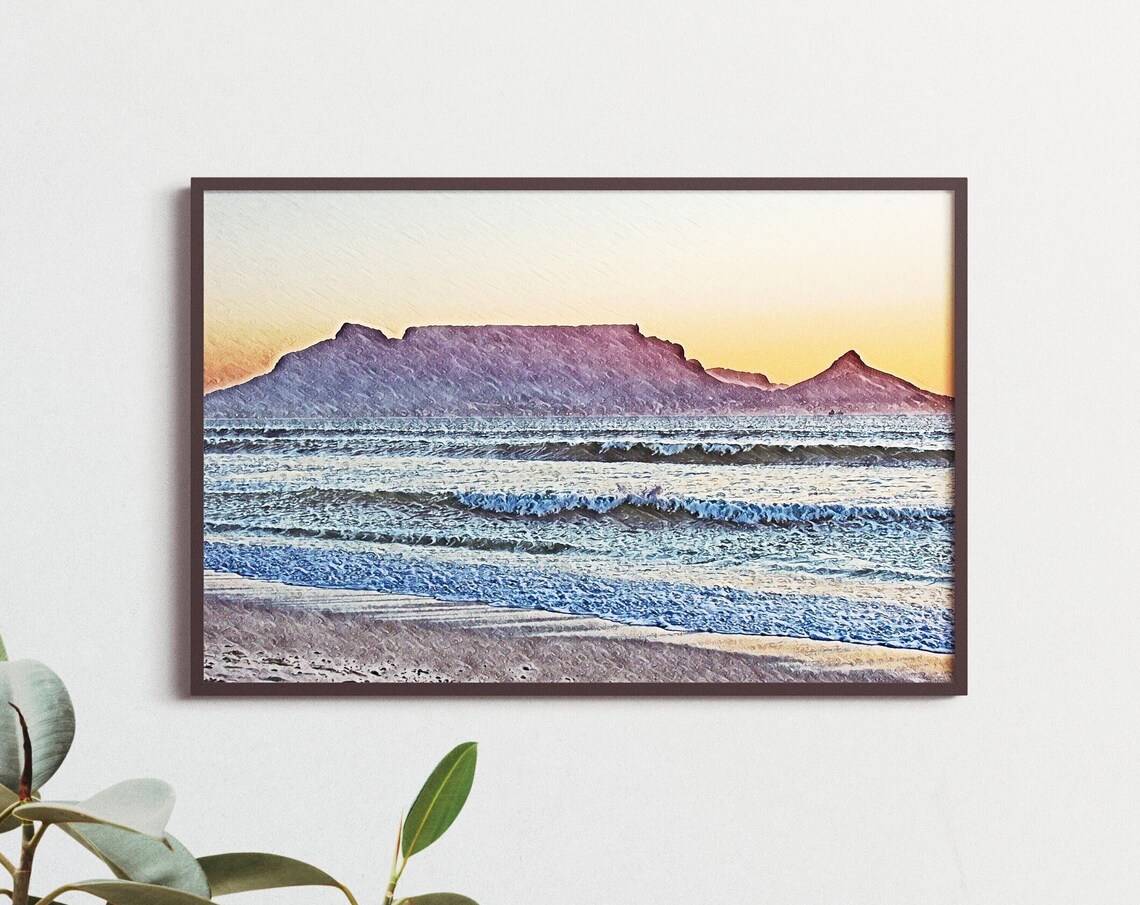 Table Mountain Cape Town Sunset Ocean Waves Landscape Photography Print