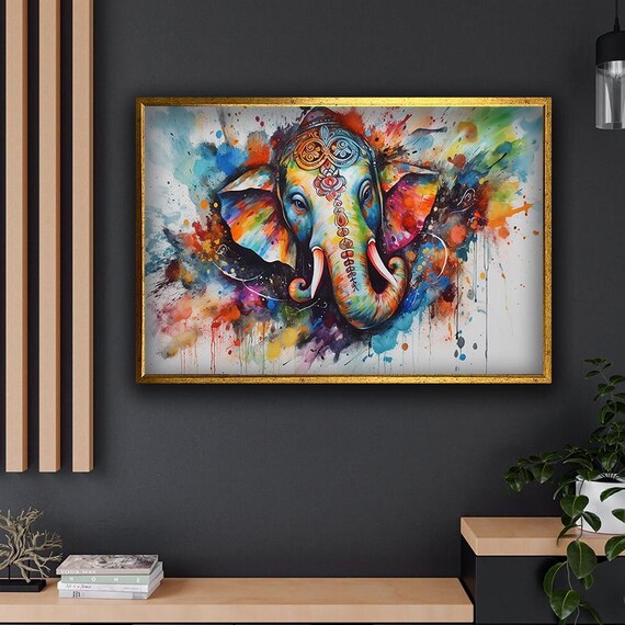 Colorful Indian Elephant Head Watercolor Bohemian Splash Art Wall Print