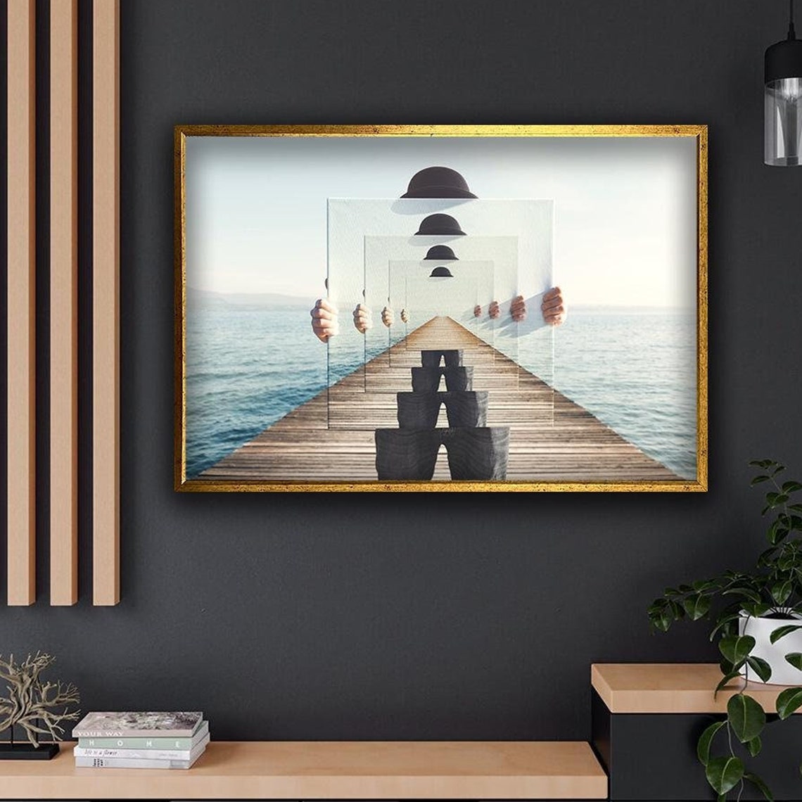 Surreal Man Holding Mirror Optical Illusion Lake Pier Wall Art