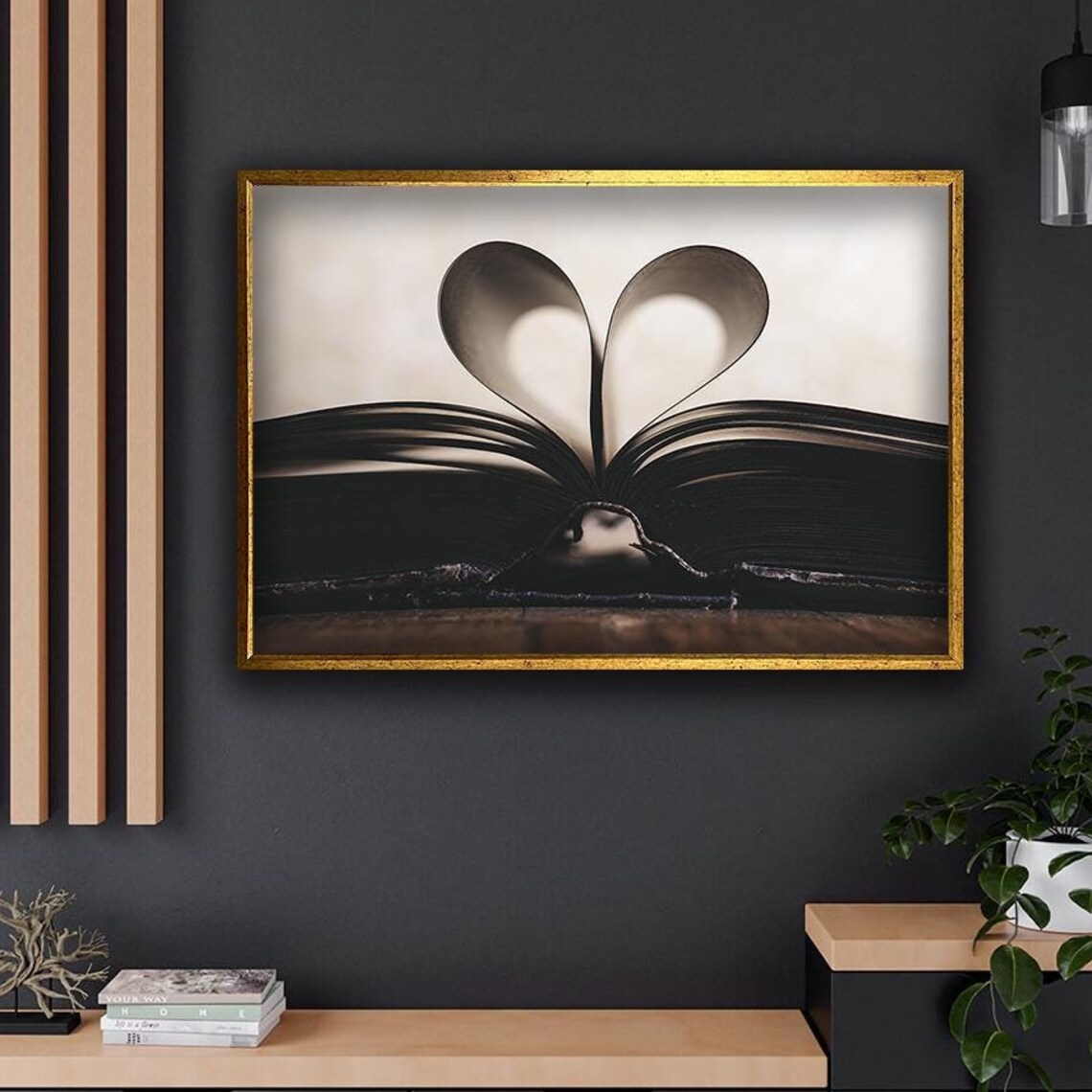 Open Book Pages Heart Shape Sepia Love of Reading Gift Wall Art