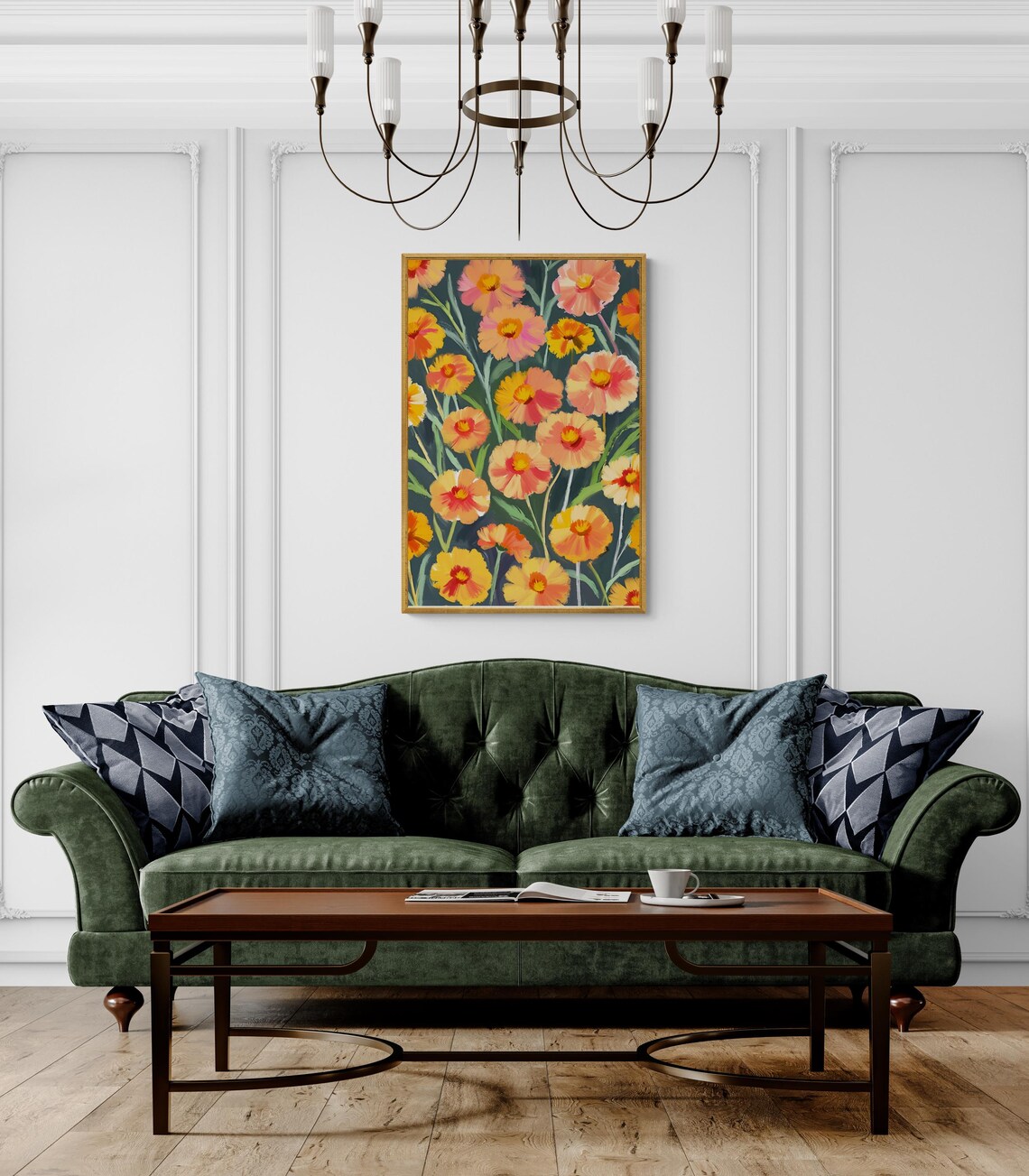 Orange Wildflower Blooms Dark Teal Background Bold Botanical Wall Art Poster - Image 4