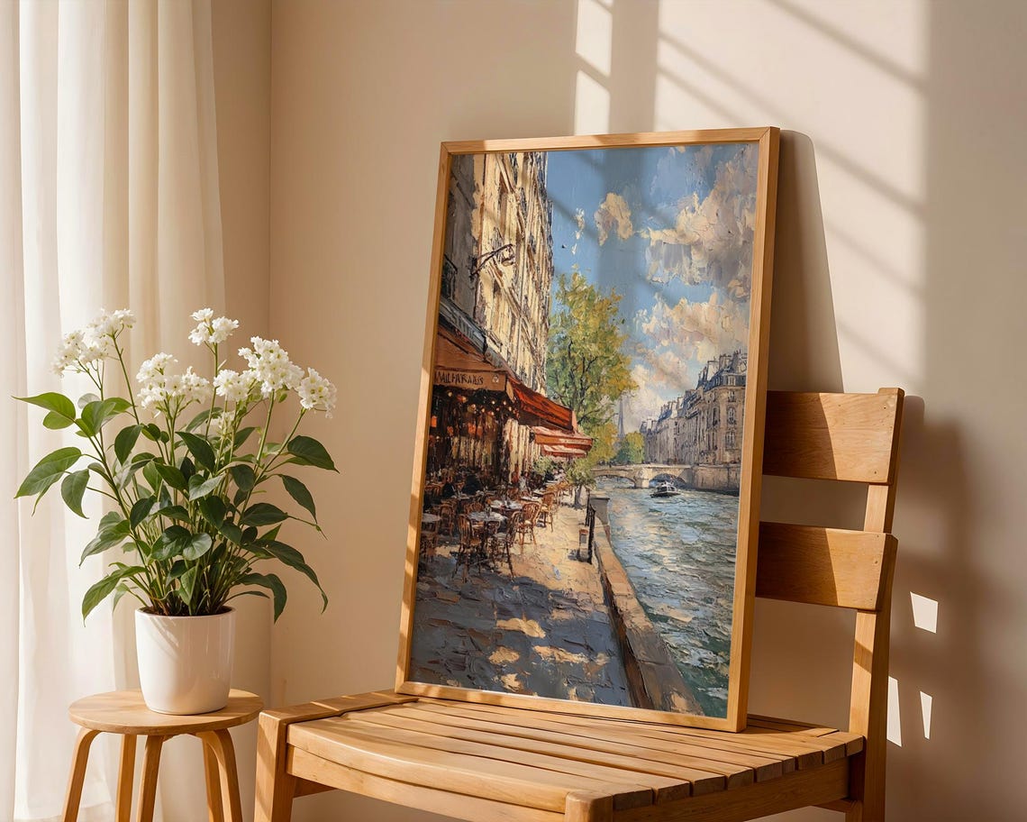 Paris Seine River Quay Cafe Terraces Sunny Impressionist Travel Poster - Image 3