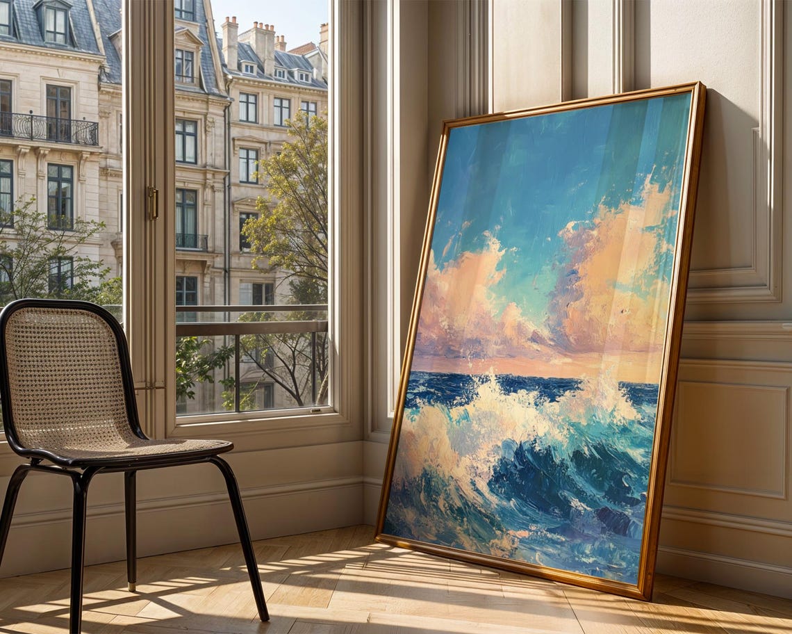 Crashing Ocean Waves Pastel Clouds Impressionist Seascape Art Poster - Image 2