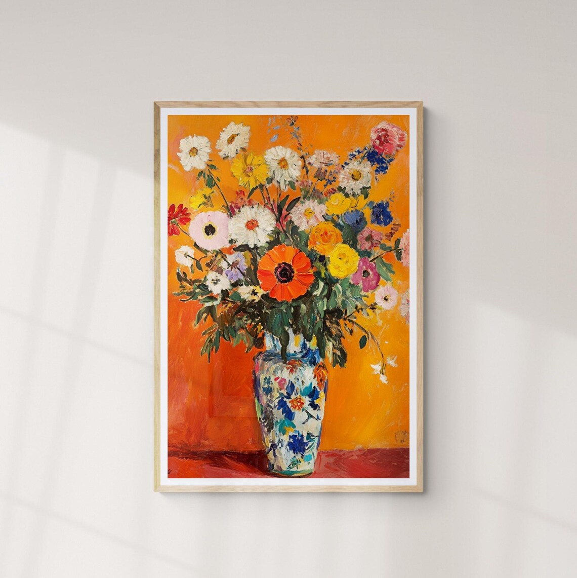 Vibrant Daisy Poppies Bouquet Orange Ground Impressionist Floral Poster - Image 2