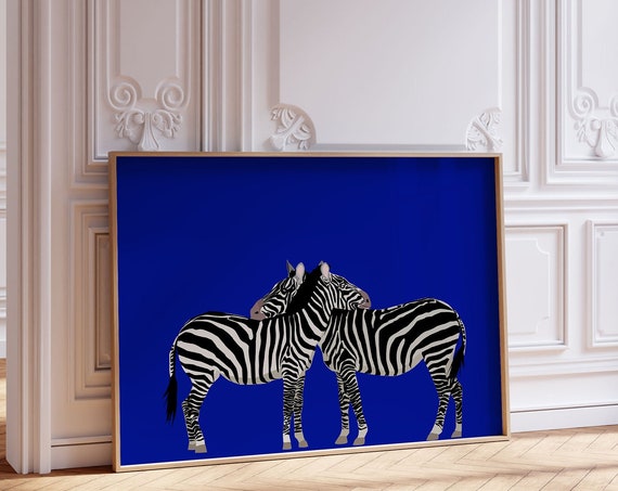 Zebra Wall Art Horizontal Print Animal Illustration Love Eclectic Blue Poster