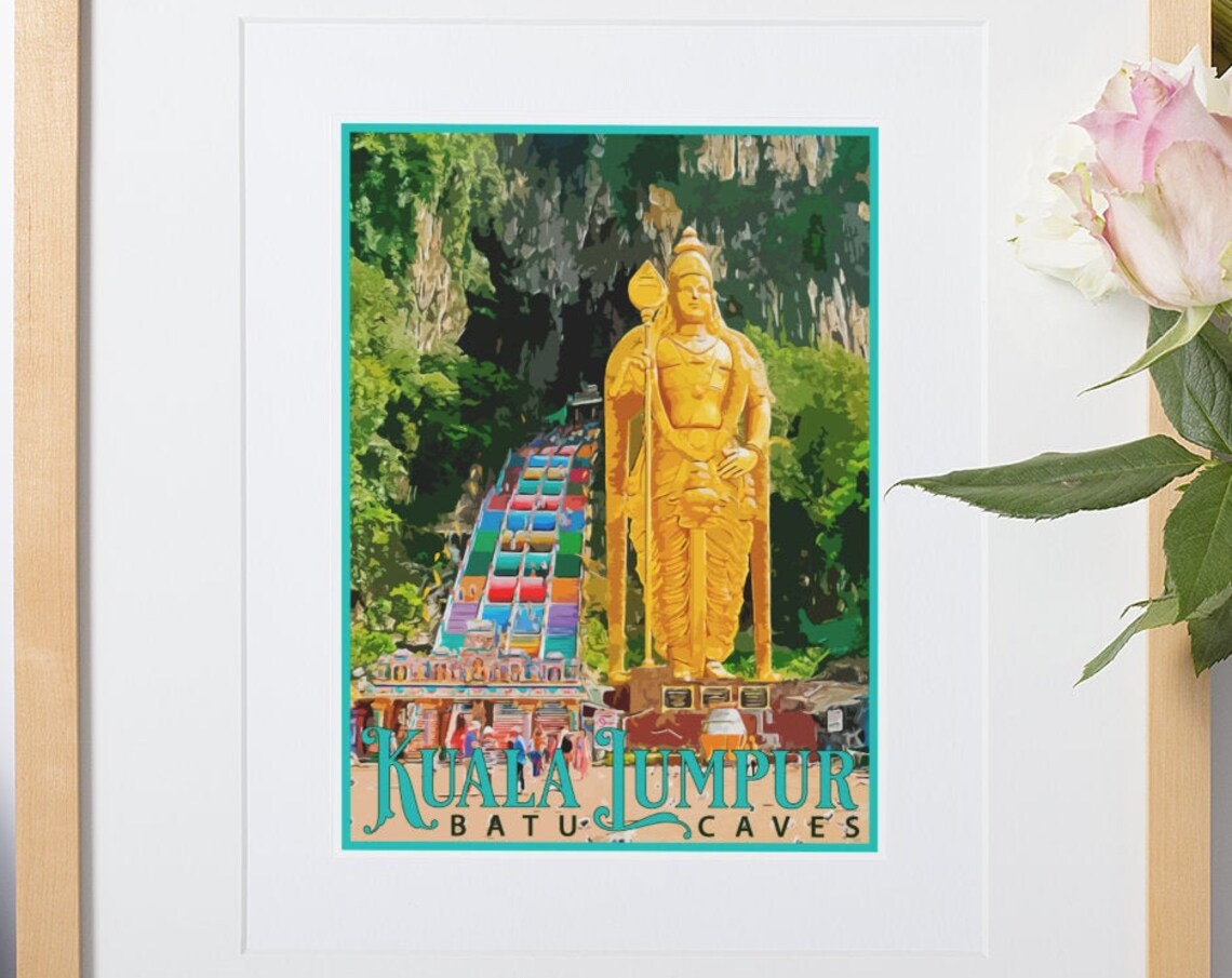 Kuala Lumpur Batu Caves Golden Statue Malaysia Vintage Travel Poster