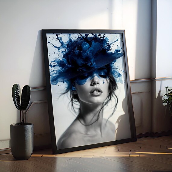 Woman With Blue Ink Splash Hat Abstract Artistic Portrait Poster