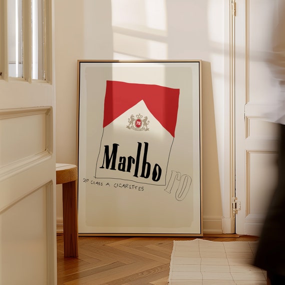 Retro Bar Cart Art Red Wall Poster Marlboro Print Funky Entryway Wall Decor Red Wall Art For Bedroom Trendy Poster Vintage Art
