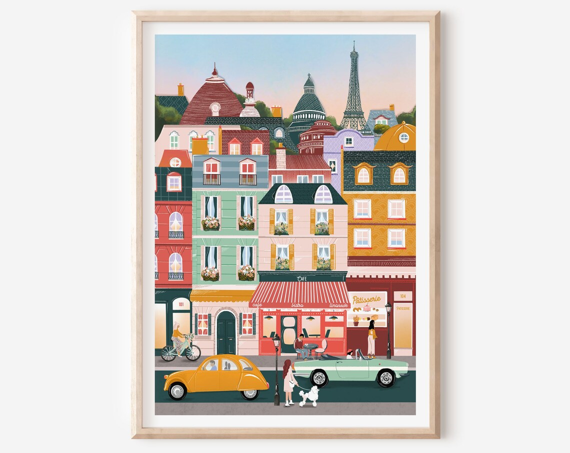Paris France Colorful Street Scene Eiffel Tower Retro Art Poster