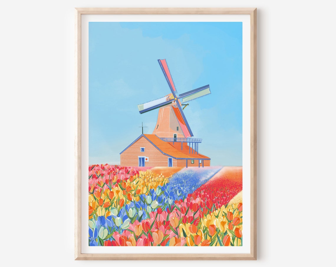 Amsterdam Windmill Tulip Fields Colorful Netherlands Art Poster