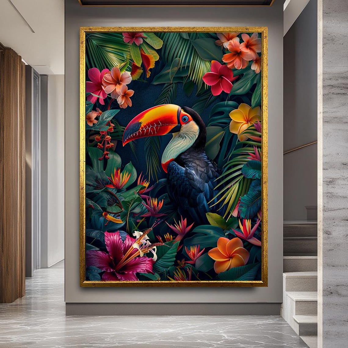 Toucan in Tropical Jungle Flowers Colorful Exotic Bird Canvas Poster