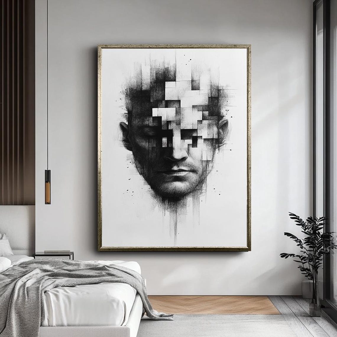 Black and White Pixelated Fragmented Male Portrait Abstract Art Poster