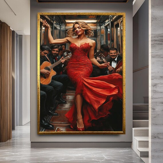 Glamorous Lady in Red Gown Dancing with Subway Musicians Poster