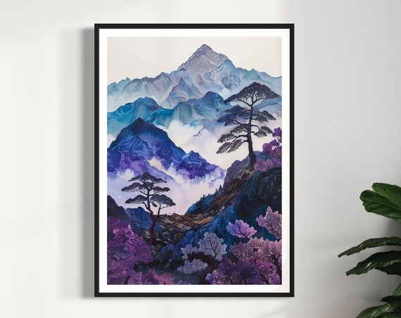 Japanese Mountain Art Print Purple Acrylic Ink Landscape Artsy Style Japan Decor Travel Poster Mount Fuji Oriental Artwork