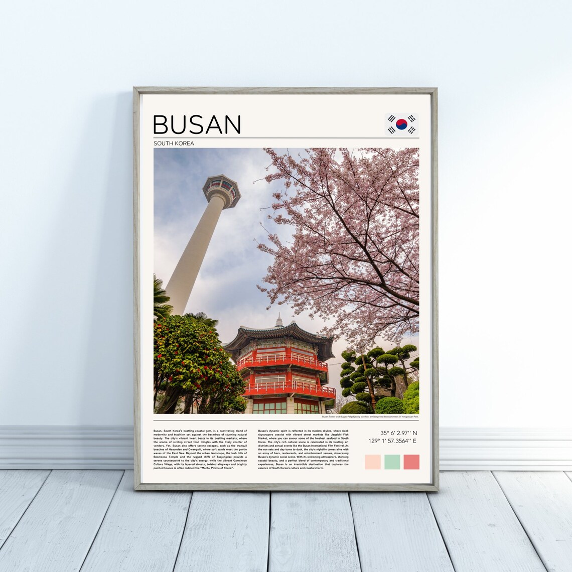 Busan South Korea Cherry Blossom Tower Temple Minimalist Travel Poster - Image 4