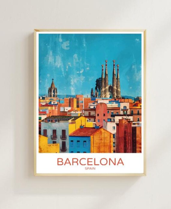 Barcelona Spain Colorful Cityscape With Cathedral Spires Travel Poster