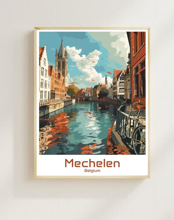 Mechelen Travel Poster Historic Belgian City Wall Art St Rumbolds Cathedral Print Scenic Cityscape Decor Belgium Travel Artwork