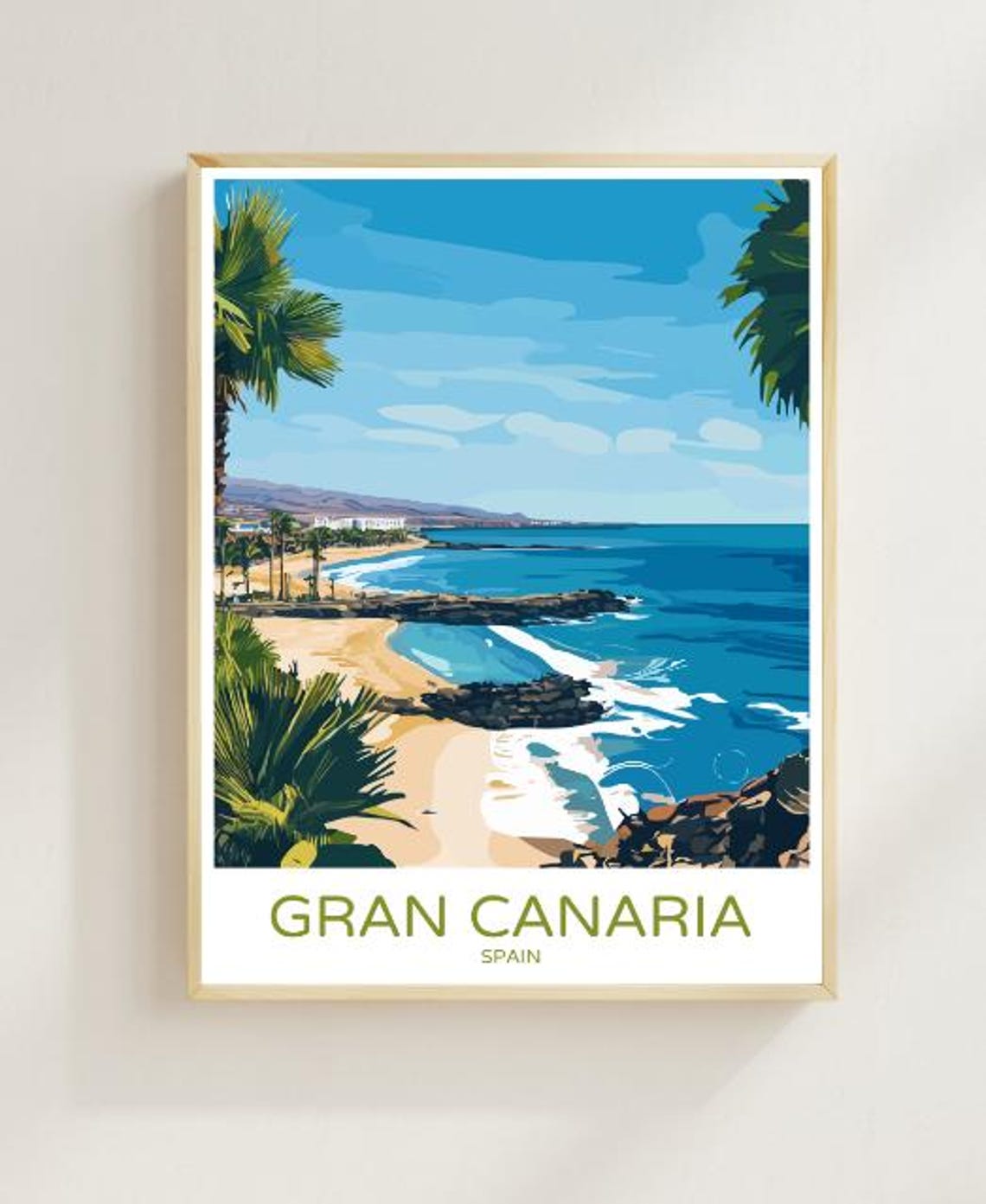 Gran Canaria Spain Travel Poster Palm Lined Beach and Atlantic Waves