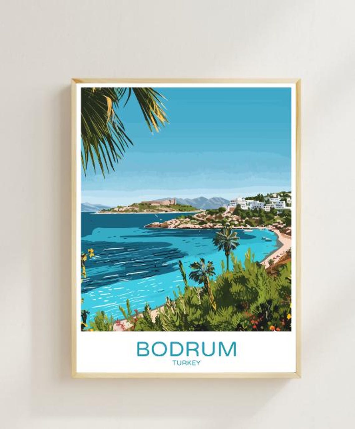Bodrum Turkey Travel Poster With Turquoise Bay And Palm Coast Scene