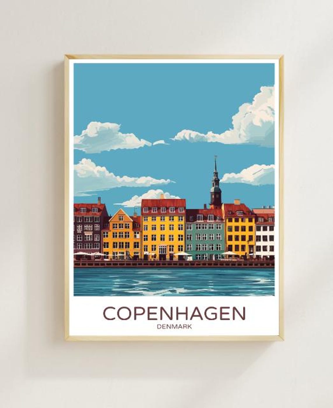 Copenhagen Denmark Travel Poster Colorful Nyhavn Waterfront City Art